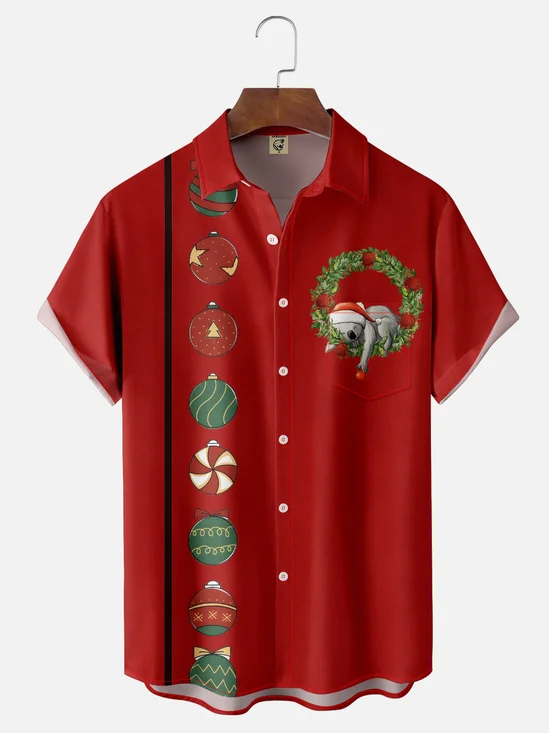 Moisture-wicking Christmas Koala Santa Hat Chest Pocket Bowling Shirt