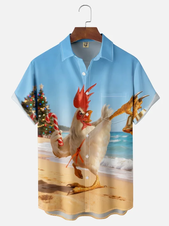 Moisture Wicking Christmas Fun Kung Fu Chicken Chest Pocket Hawaiian Shirt