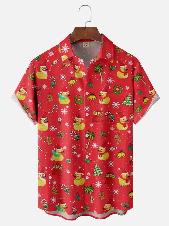 Moisture-wicking Christmas Yellow Duck Coconut Tree Chest Pocket Casual Shirt