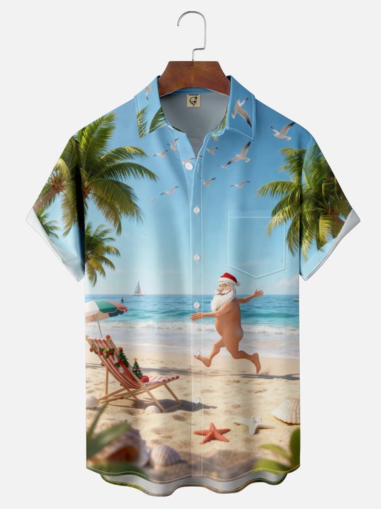 Moisture Wicking Christmas Fun Ugly Santa Claus Chest Pocket Hawaiian Shirt