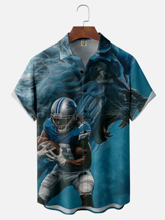 Moisture-Wicking American Football Detroit Art Lions Chest Pocket Casual Shirt