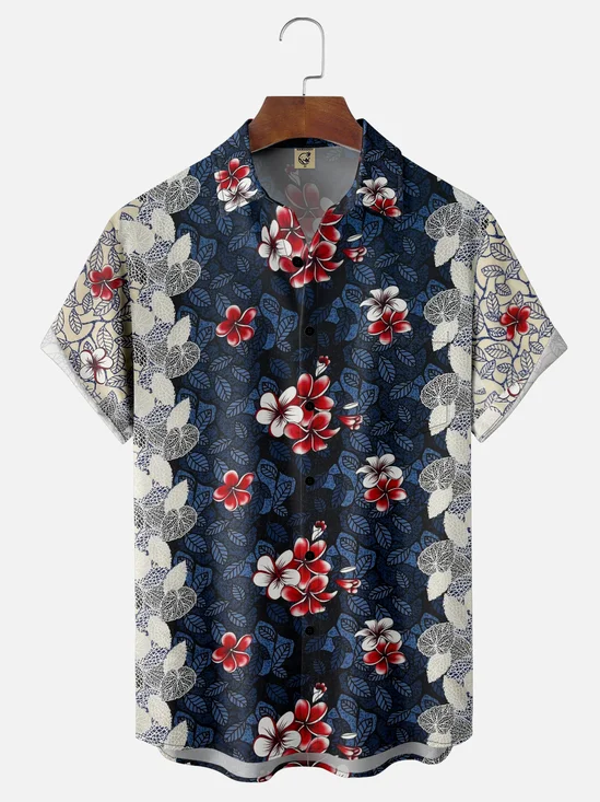 Moisture Wicking Tropical Plants Flowers Leaves Chest Pocket Hawaiian Shirt