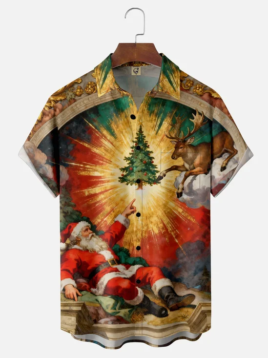 Moisture-Wicking Christmas Santa Reindeer Fun Chest Pocket Casual Shirt