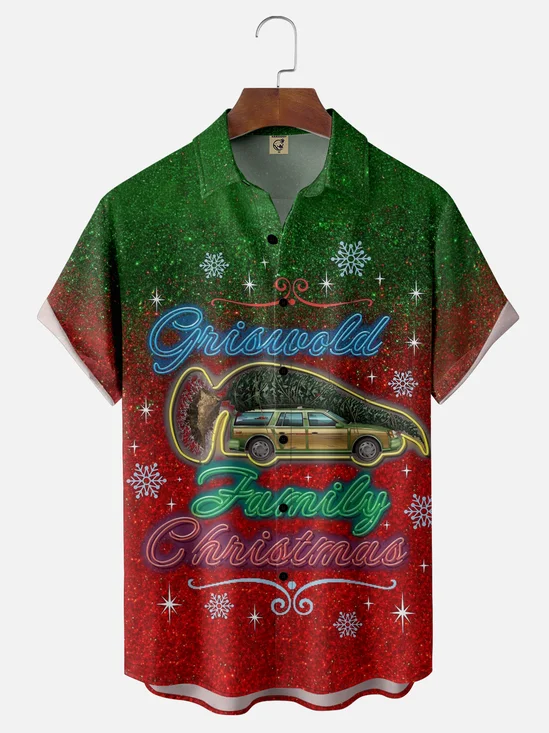Moisture-wicking Christmas Tree Car Gradient Colors Chest Pocket Casual Shirt