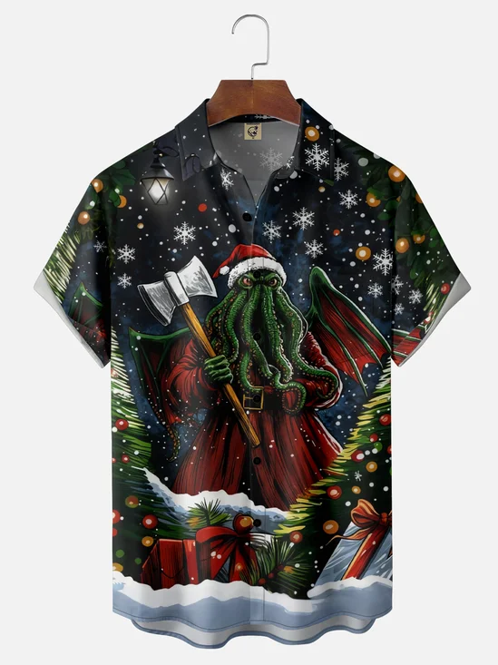 Moisture-wicking Christmas Santa Claus Cthulhu Chest Pocket Casual Shirt