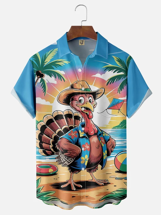 Moisture Wicking Thanksgiving Beach Coconut Tree Turkey Chest Pocket Hawaiian Shirt