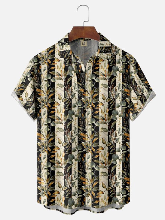 Moisture Wicking Tropical Plant Leaves Geometric Chest Pocket Hawaiian Shirt
