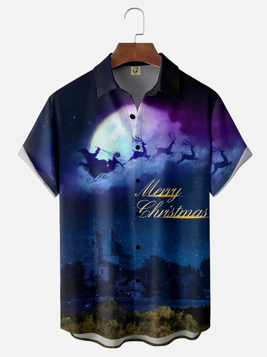 Moisture-wicking Christmas Santa Claus Moon Chest Pocket Casual Shirt