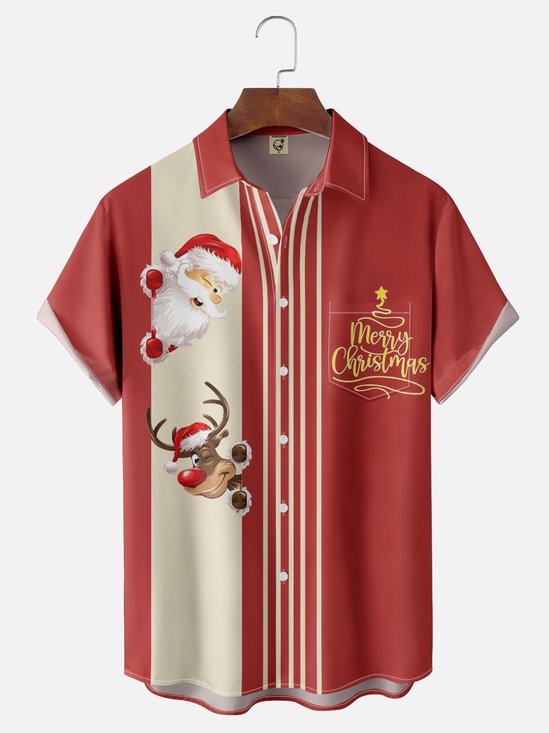 Moisture Wicking Merry Christmas Singer Chest Pocket Bowling Shirt