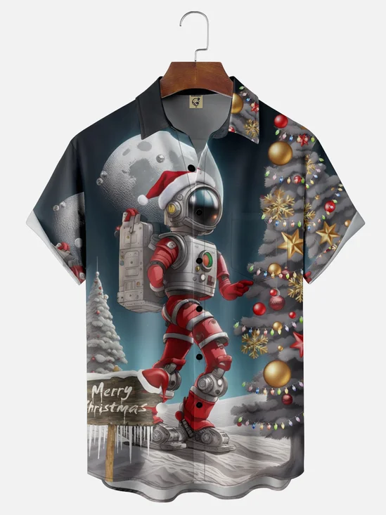 Moisture Wicking Astronaut Christmas Chest Pocket Hawaiian Shirt