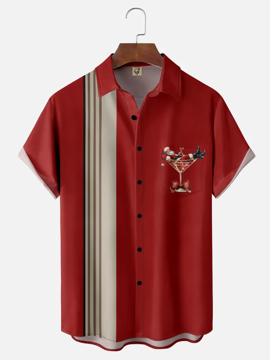 Moisture-wicking Christmas Santa Claus Cocktail Chest Pocket Bowling Shirt