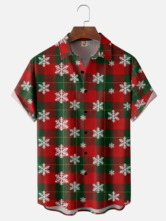 Moisture-wicking Christmas Snowflake Plaid Chest Pocket Holiday Shirt