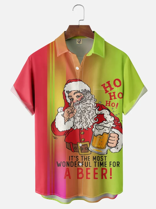 Moisture Wicking Christmas Old Man Beer Chest Pocket Bowling Shirt
