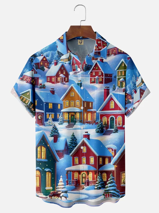 Moisture Wicking Christmas Atmosphere House Christmas Tree Chest Pocket Hawaiian Shirt