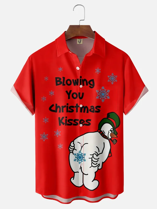Moisture-wicking Christmas Snowman Blowing You Christmas Kisses Chest Pocket Holiday Shirt