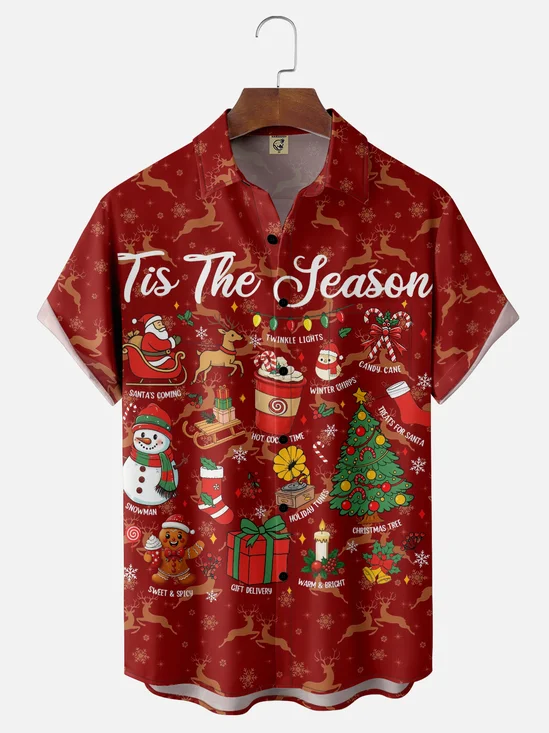 Moisture Wicking Santa Claus Christmas Tree Reindeer Snowman Chest Pocket Hawaiian Shirt