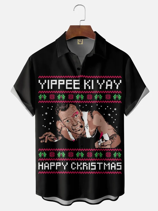 Moisture-wicking Christmas Yippee Ki Yay Chest Pocket Holiday Shirt