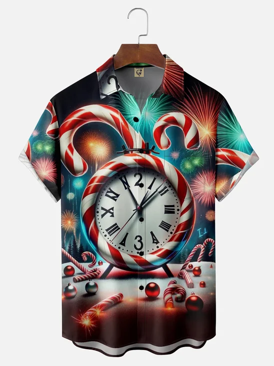 Moisture Wicking Happy New Year Clock Fireworks Candy Cane Chest Pocket Holiday Shirt