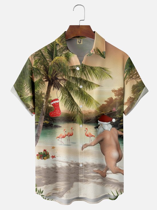 Moisture Wicking Christmas Fun Ugly Santa Claus Chest Pocket Hawaiian Shirt