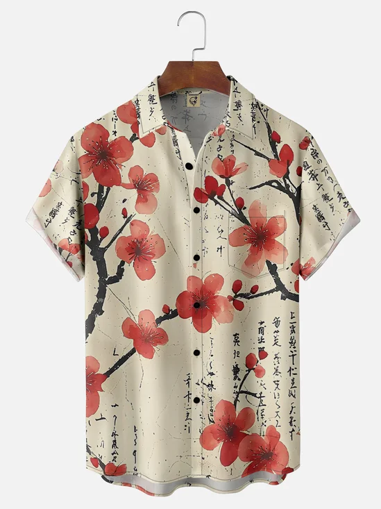 Moisture Wicking Japanese Cultural Abstract Ink Painting Cherry Blossom Chest Pocket Hawaiian Shirt