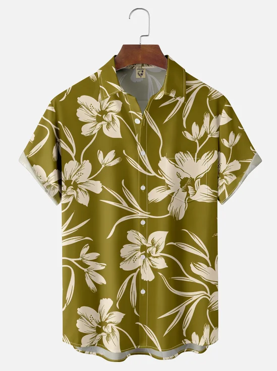 Moisture Wicking Tropical Plant Flower Chest Pocket Hawaiian Shirt