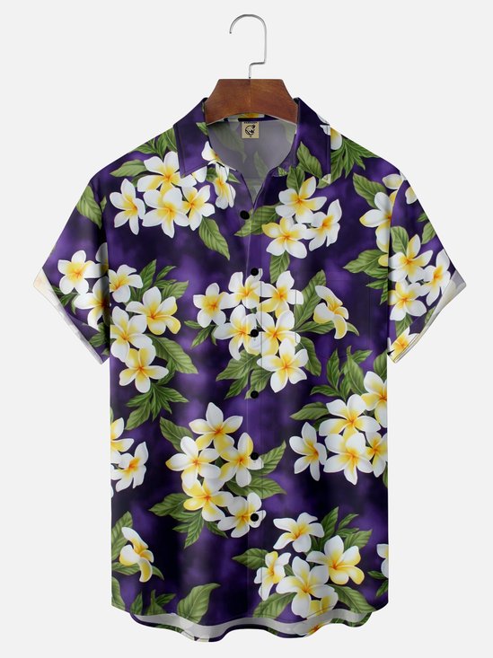 Moisture-wicking Plumeria Floral Chest Pocket Hawaiian Shirt