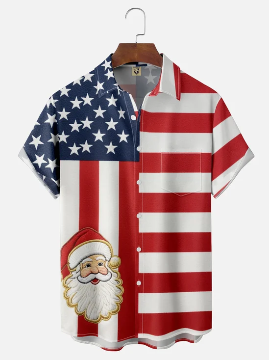 Moisture-wicking Christmas Santa Claus American Flag Chest Pocket Patriotic Holiday Shirt