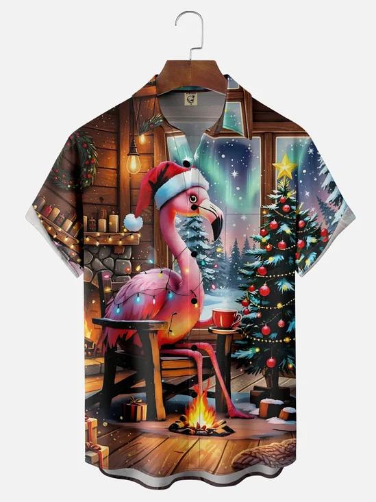 Moisture Wicking Christmas Fireplace Bonfire Flamingo Chest Pocket Hawaiian Shirt