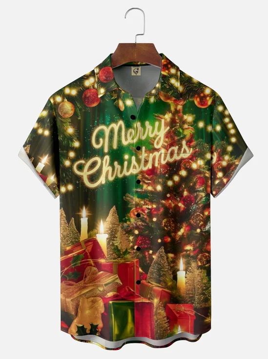 Moisture-wicking Merry Christmas Tree Gifts Chest Pocket Casual Shirt