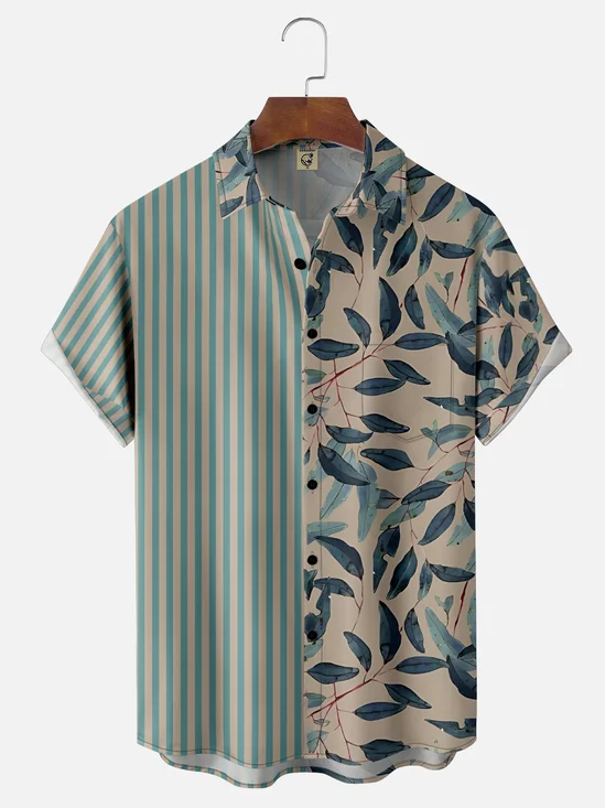 Moisture Wicking Tropical Plant Leaves Geometric Chest Pocket Hawaiian Shirt