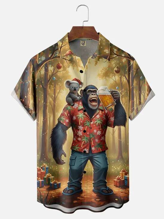 Moisture Wicking Merry Christmas Gorilla Beer Bigfoot Chest Pocket Hawaiian Shirt
