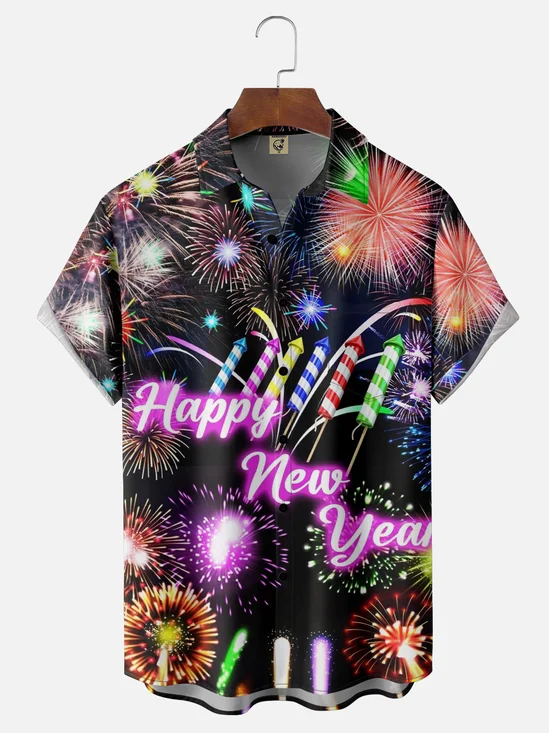 Moisture-wicking Happy New Year Fireworks Chest Pocket Casual Shirt