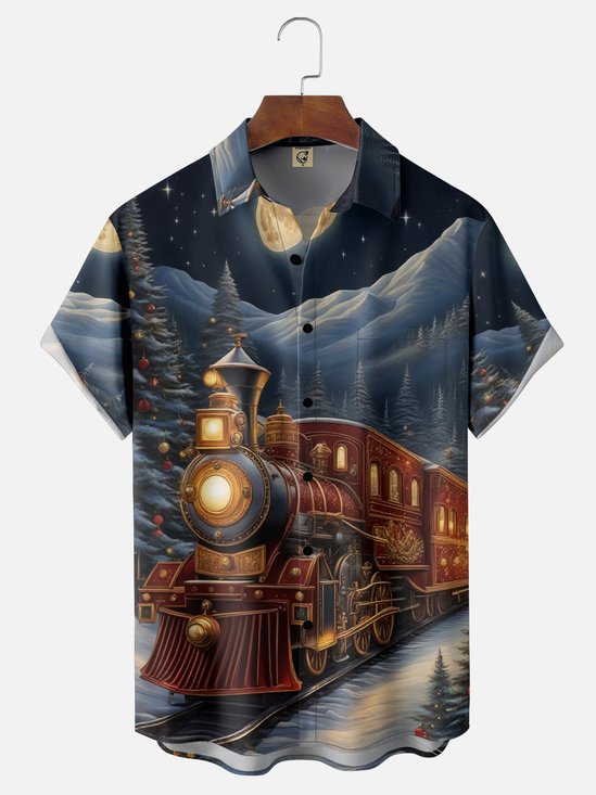 Moisture Wicking Christmas-Themed Train Chest Pocket Holiday Shirt