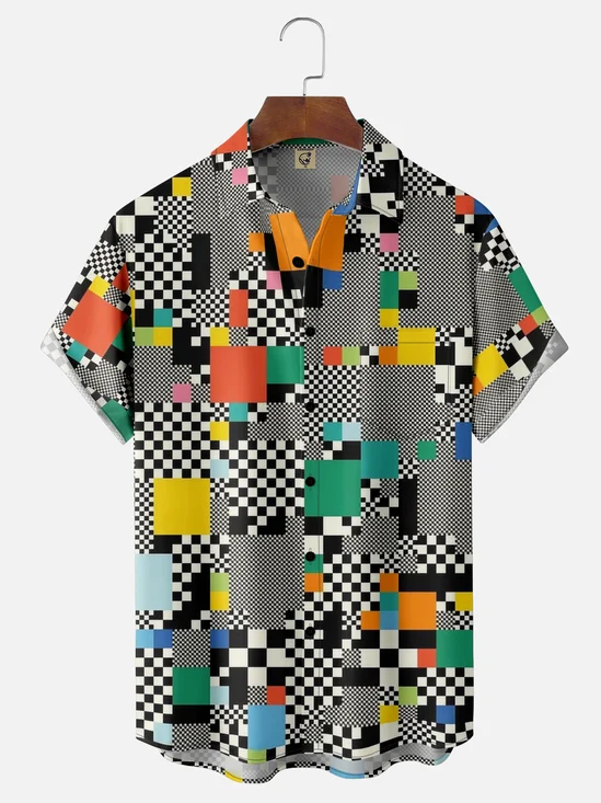Moisture-wicking Geomatric Plaid Chest Pocket Casual Shirt