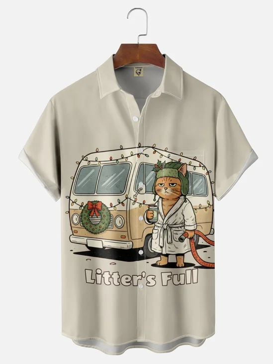 Moisture Wicking Fun Christmas Cat Chest Pocket Hawaiian Shirt