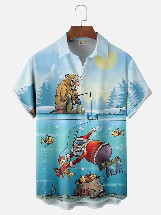 Moisture Wicking Fun Christmas Old Man Fishing Chest Pocket Hawaiian Shirt