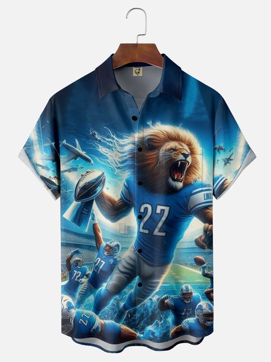 Moisture-Wicking American Football Detroit Art Lions Chest Pocket Casual Shirt