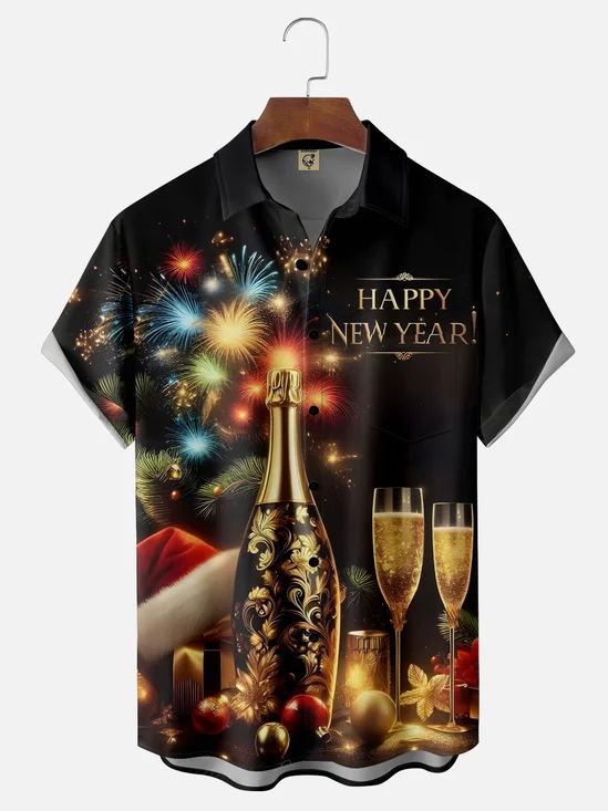 Moisture-wicking Happy New Year Fireworks Santa Hat Chest Pocket Casual Shirt