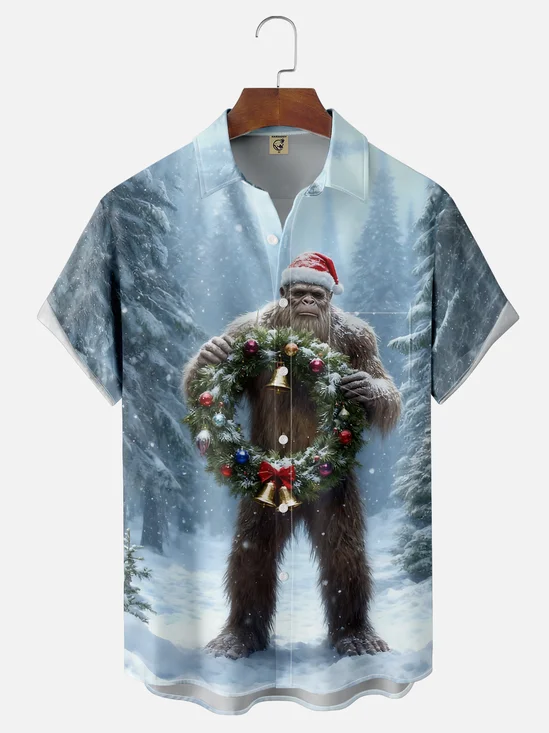 Moisture-wicking Christmas Fun Bigfoot Chest Pocket Casual Shirt