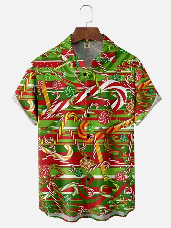 Moisture Wicking Christmas Candy Chest Pocket Hawaiian Shirt