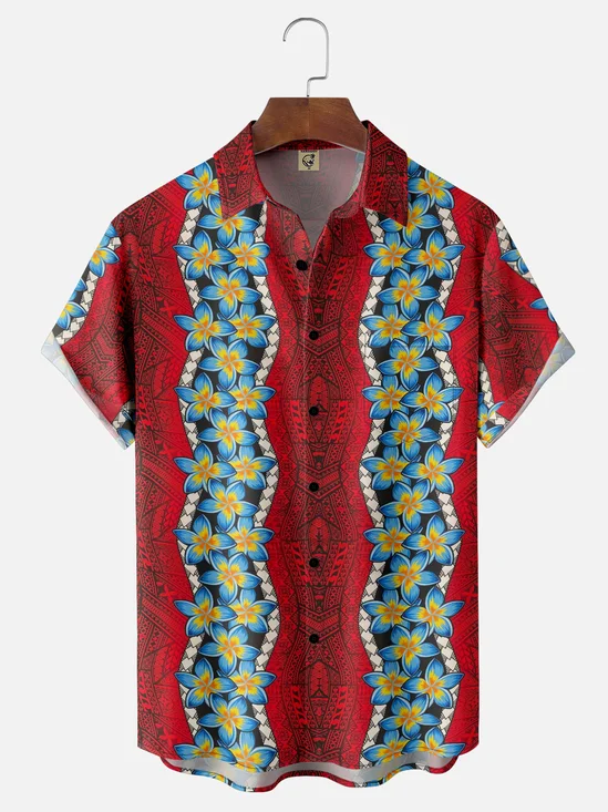 Moisture Wicking Gradient Colors Tropical Plants and Flowers Geometric Chest Pocket Hawaiian Shirt