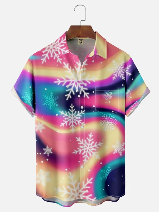 Moisture Wicking Christmas Gradient Snowflake Hawaiian Shirt with Chest Pocket