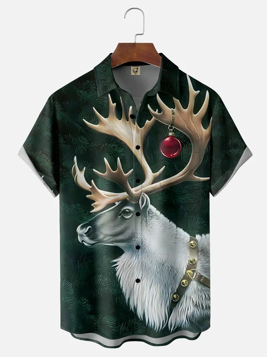 Moisture-wicking Christmas Reindeer Art Christmas Tree Chest Pocket Casual Shirt