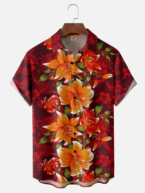 Moisture Wicking Gradient Colors Tropical Plants Flowers Chest Pocket Hawaiian Shirt