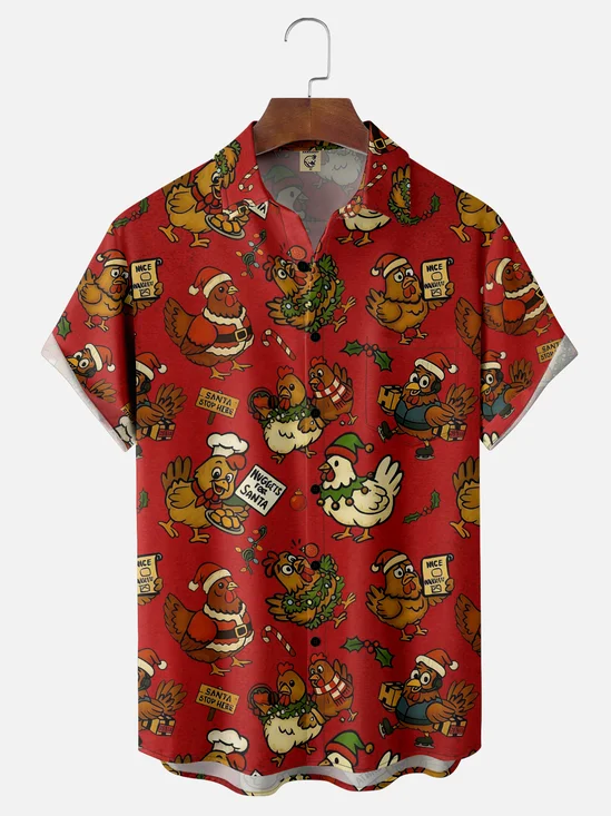 Moisture Wicking Christmas Fun Chicken Chest Pocket Hawaiian Shirt