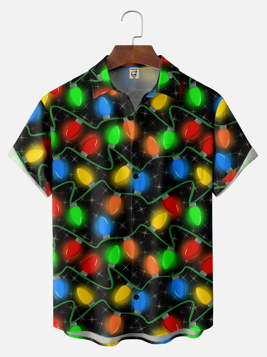 Big Size Moisture Wicking Artistic Christmas Merry Christmas Lights Chest Pocket Hawaiian Shirt