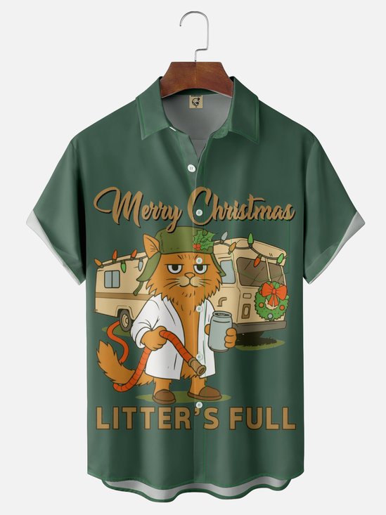 Moisture Wicking Crazy Christmas Vacation Eddie Cat Chest Pocket Hawaiian Shirt