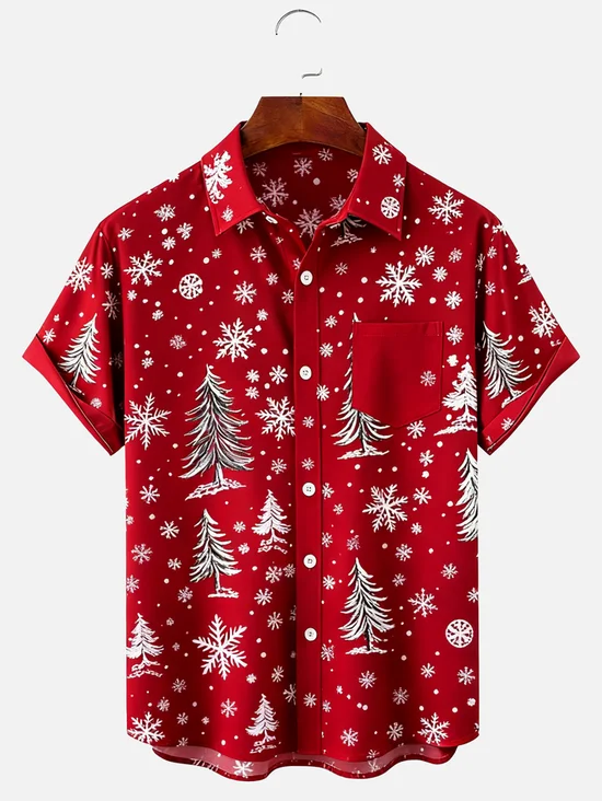 Tall Size Moisture-wicking Christmas Tree Chest Pocket Holiday Shirt