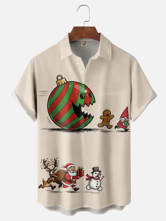 Moisture Wicking Santa Claus Gingerbread Man Snowman Chest Pocket Hawaiian Shirt