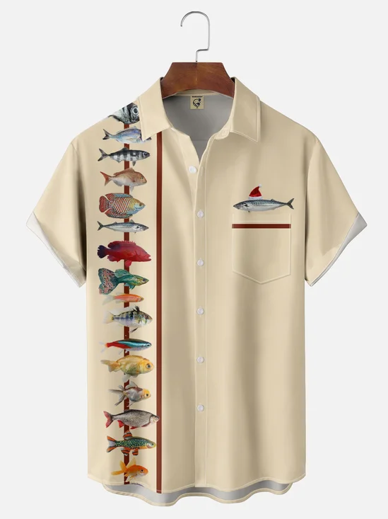 Moisture-wicking Christmas Fish Christmas Hat Chest Pocket Bowling Shirt